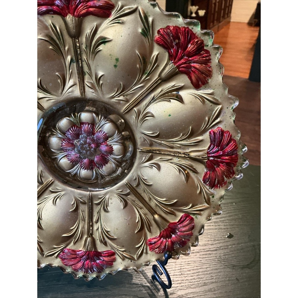 10.5" Antique Goofus Glass Sawtooth Edge Plate Red Gold Roses - Picture 4 of 14